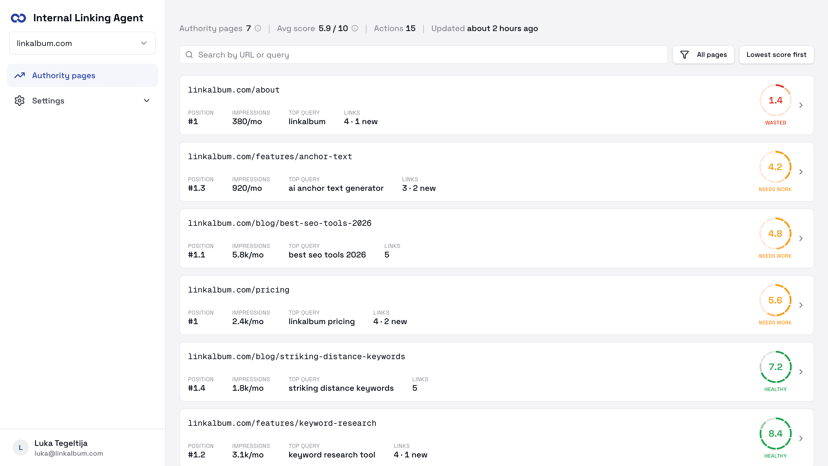 Internal Linking Agent dashboard — Authority pages with score-banded results